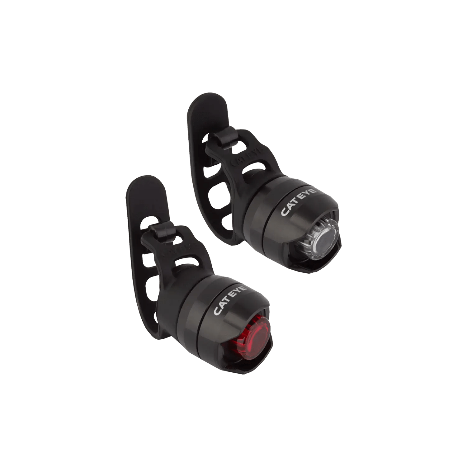 The CATEYE ORB Combo Kit includes two black safety lights with flexible mounts—one with a red lens for the rear, one with a white lens for the front—designed for easy attachment and greater visibility on your rides.