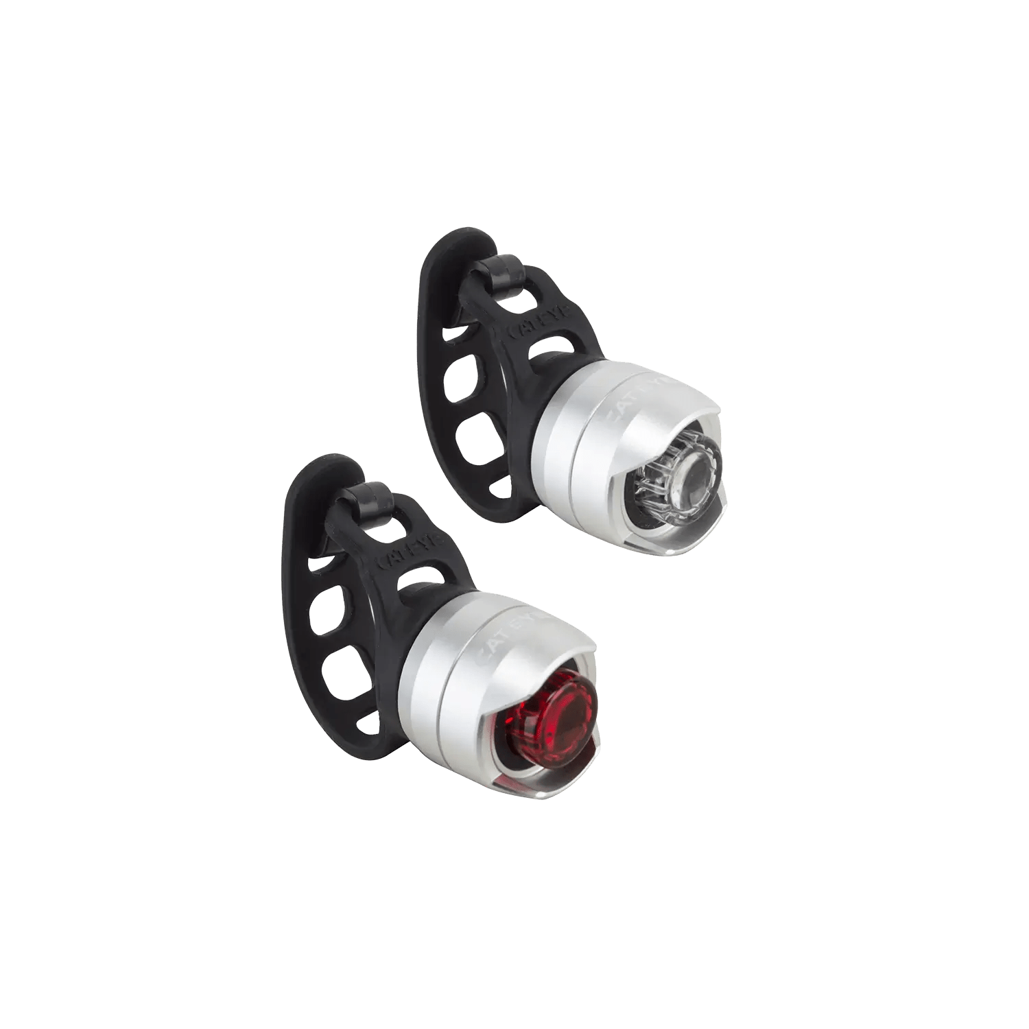 The CATEYE ORB Combo Kit features two compact, metallic silver safety lights with black rubber straps—white for the front and red for the rear—to boost your visibility on every ride.