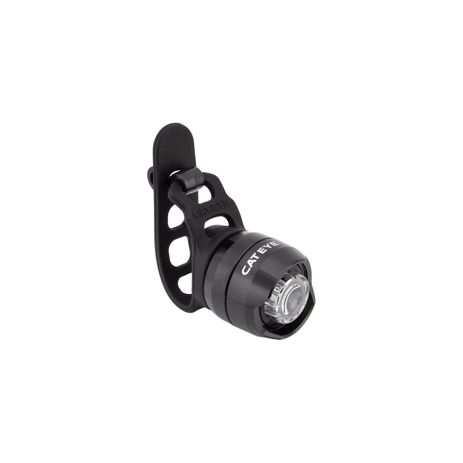 A compact black CATEYE ORB Rechargeable safety light with a round lens and adjustable rubber mounting strap, displayed against a transparent background.