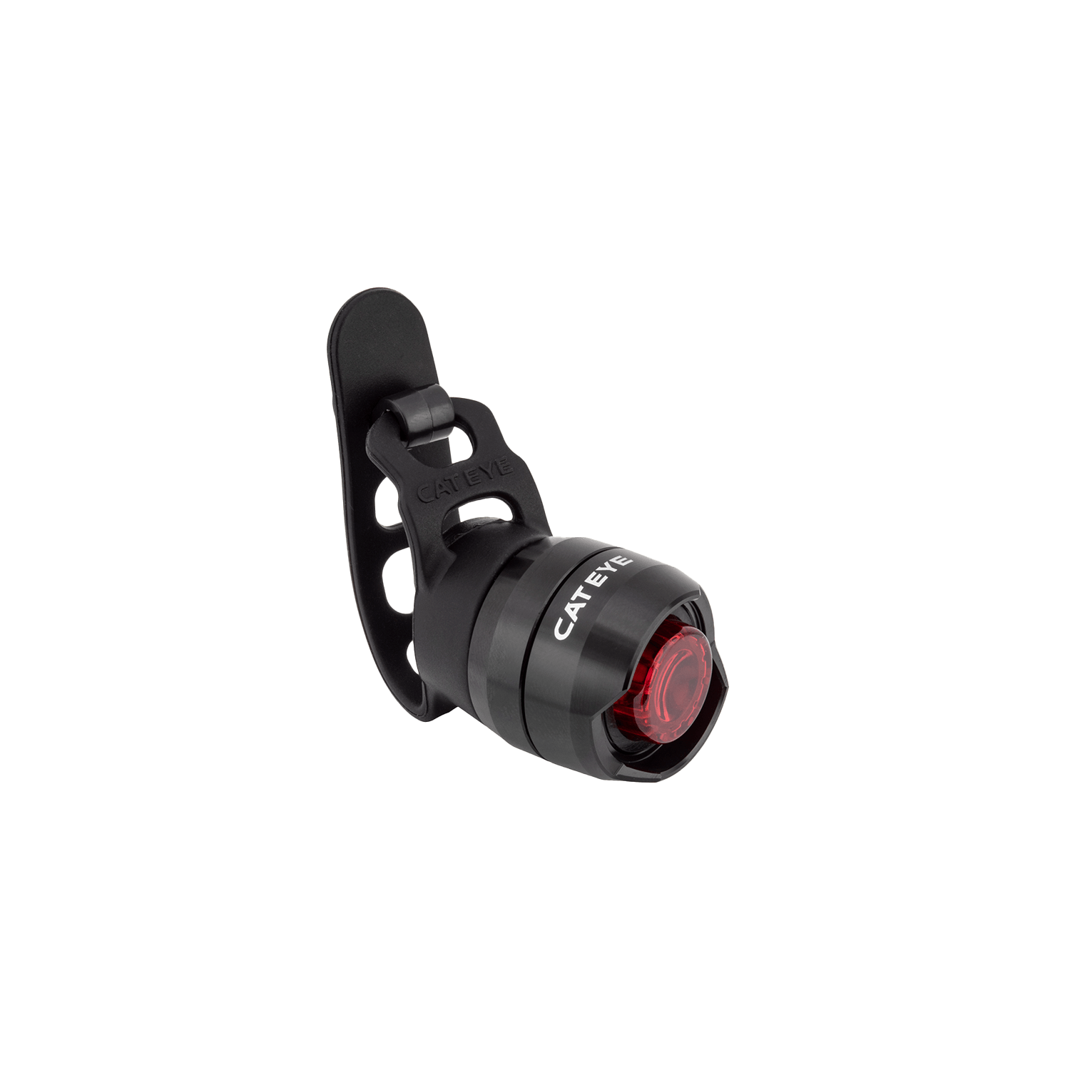 The CATEYE ORB Rechargeable is a compact black LED bicycle safety light with a red lens and adjustable rubber strap, shown on a transparent background.