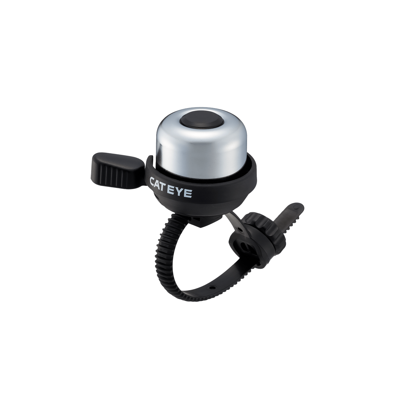 The CATEYE PB-1100P Wind Bell features classic brass construction, a silver and black finish, a thumb lever, and an adjustable strap mount for secure attachment to handlebars.