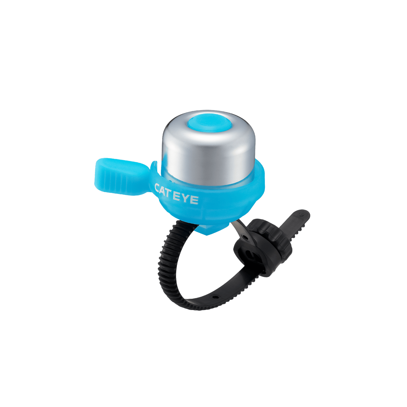 The CATEYE PB-1100P Wind Bell is a small, silver and blue bicycle bell with classic brass construction and a black adjustable handlebar strap, shown on a plain background.
