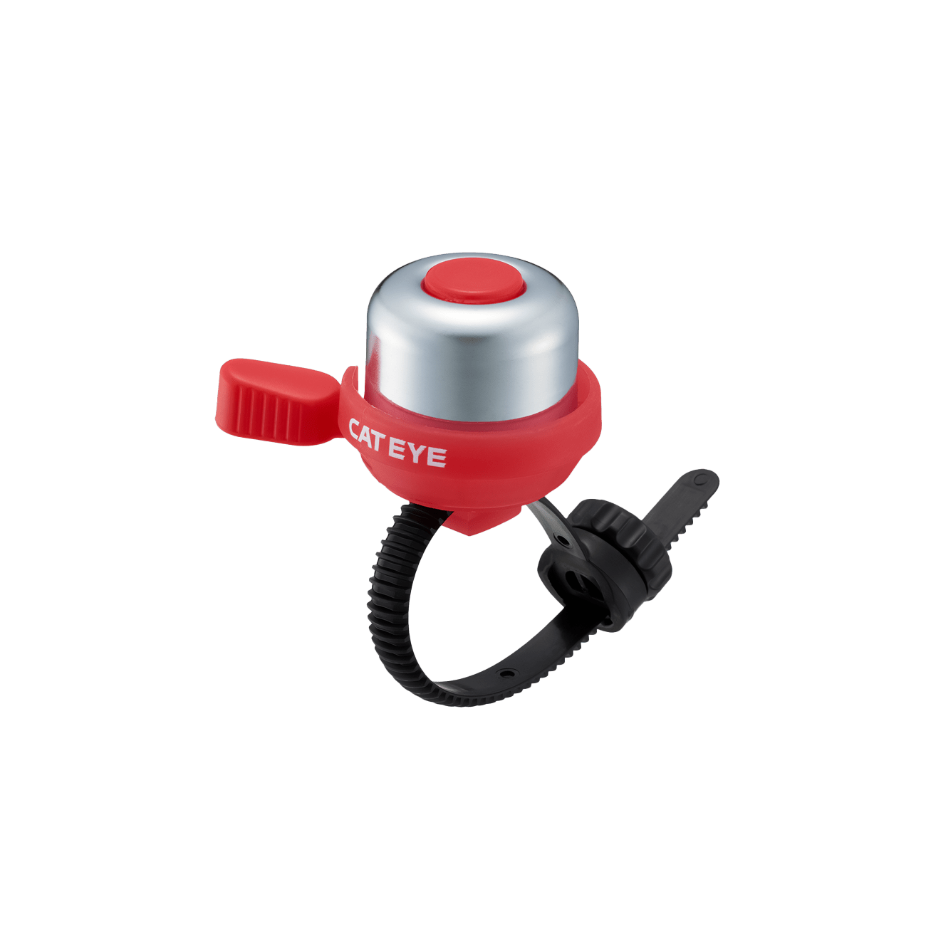 A red and silver CATEYE PB-1100P Wind Bell with classic brass construction is mounted on a black FlexTight bracket, displayed against a plain background.