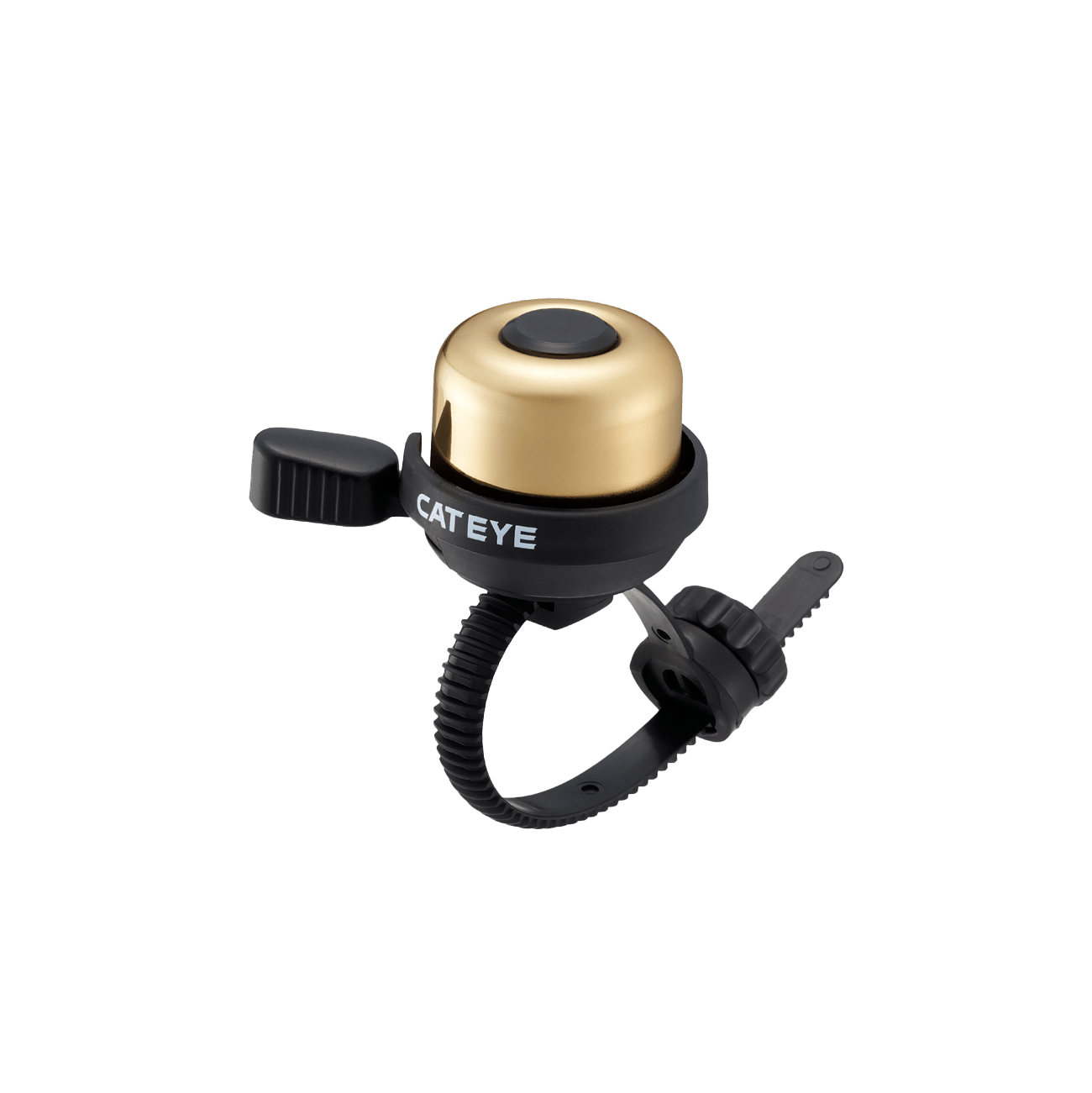 The CATEYE PB-1100P Wind Bell, in gold and black with classic brass construction, features a thumb lever and adjustable strap for handlebar mounting, shown on a transparent background.