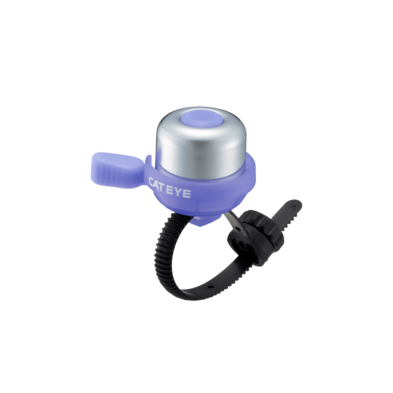 The CATEYE PB-1100P Wind Bell is a small silver and purple bicycle bell with a black adjustable strap and thumb lever, featuring classic brass construction and a FlexTight bracket for easy installation.
