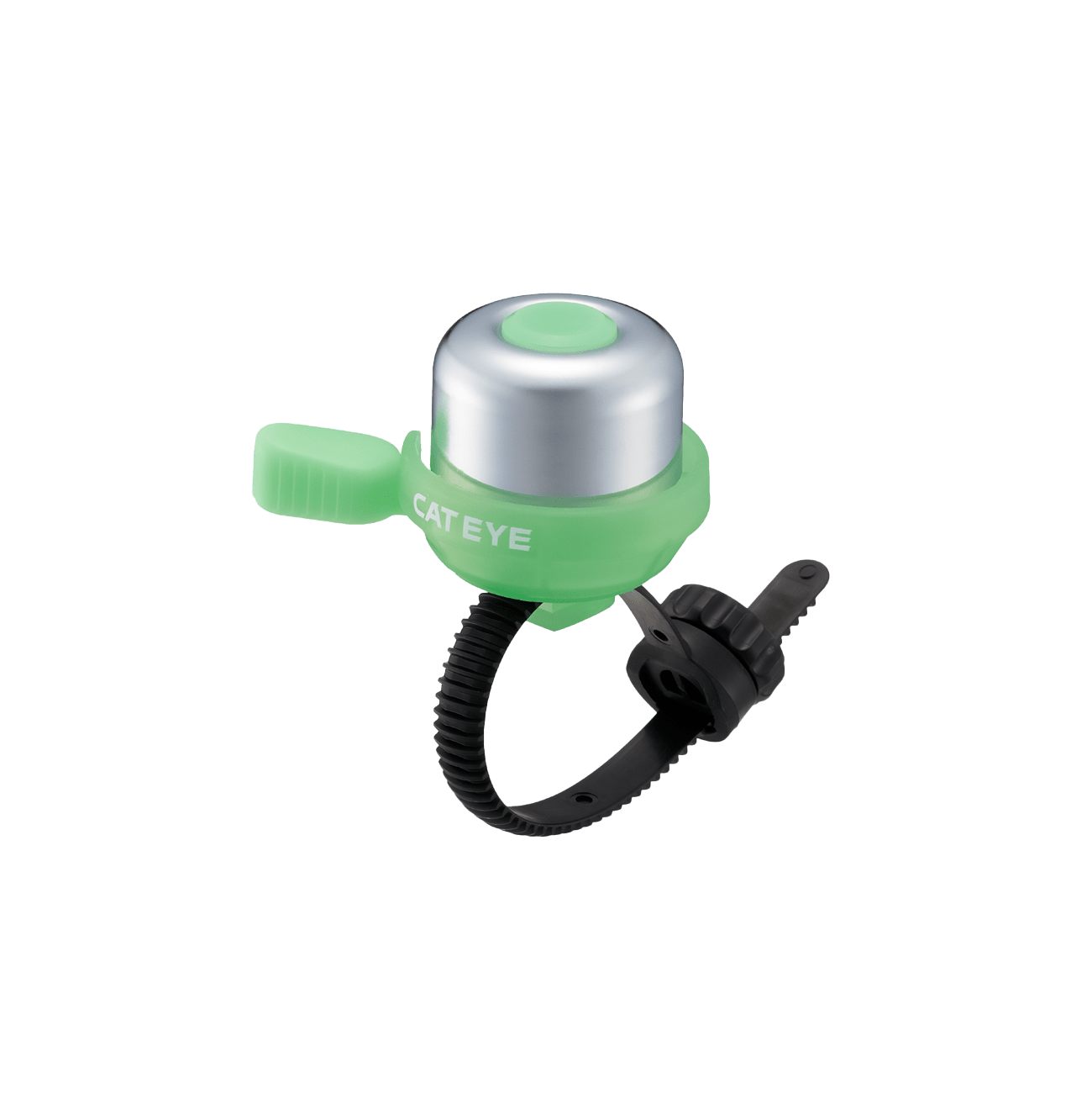 The CATEYE PB-1100P Wind Bell features a classic brass body in green and silver with a flexible black mounting strap, shown against a transparent background.
