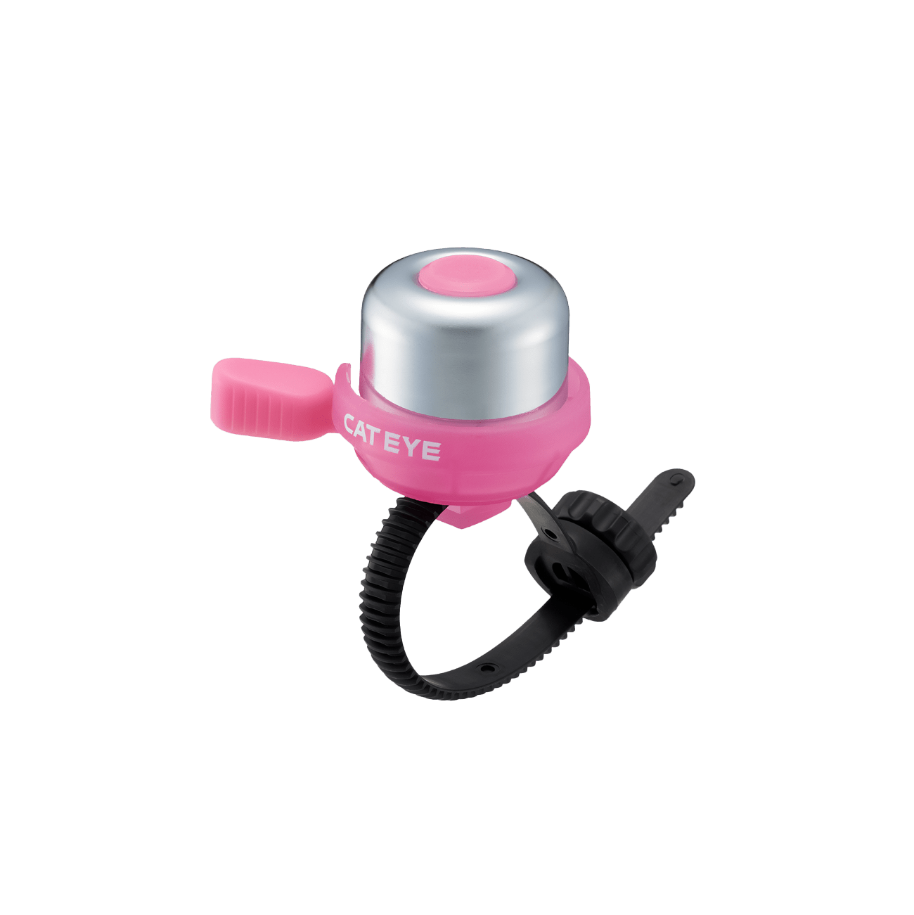 A CATEYE PB-1100P Wind Bell in pink and silver, featuring classic brass construction, a black adjustable strap, and thumb lever, is shown isolated on a transparent background.