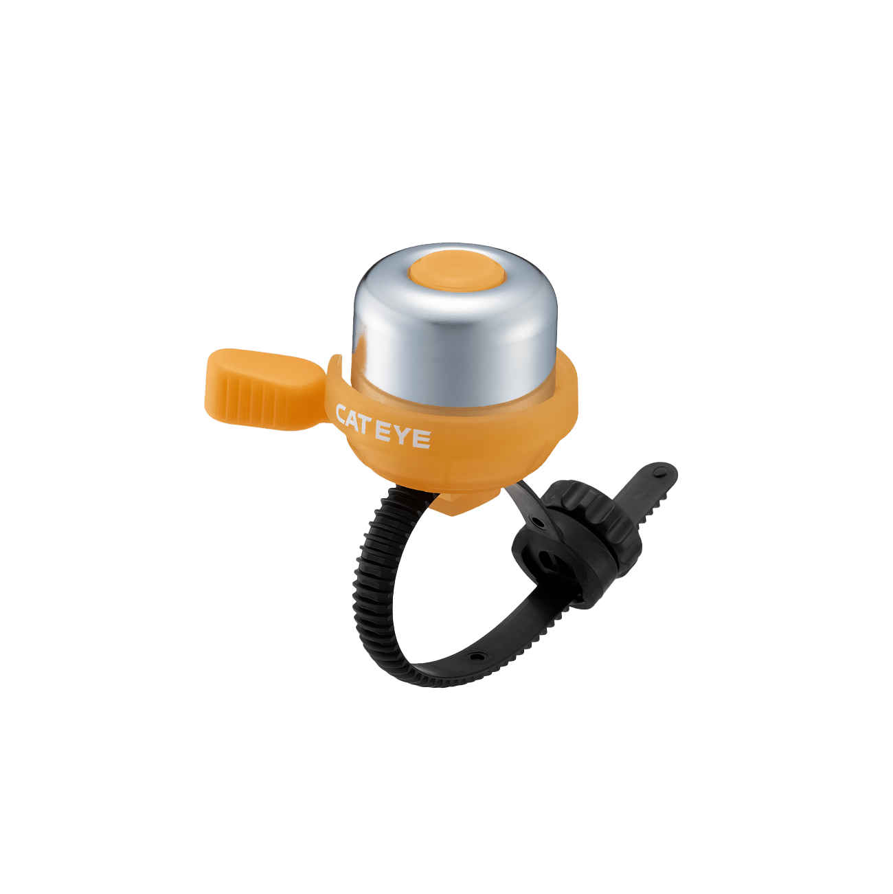 The CATEYE PB-1100P Wind Bell is a small, round bicycle bell with a silver top and orange base, made of classic brass, and mounts to handlebars with a black adjustable strap.