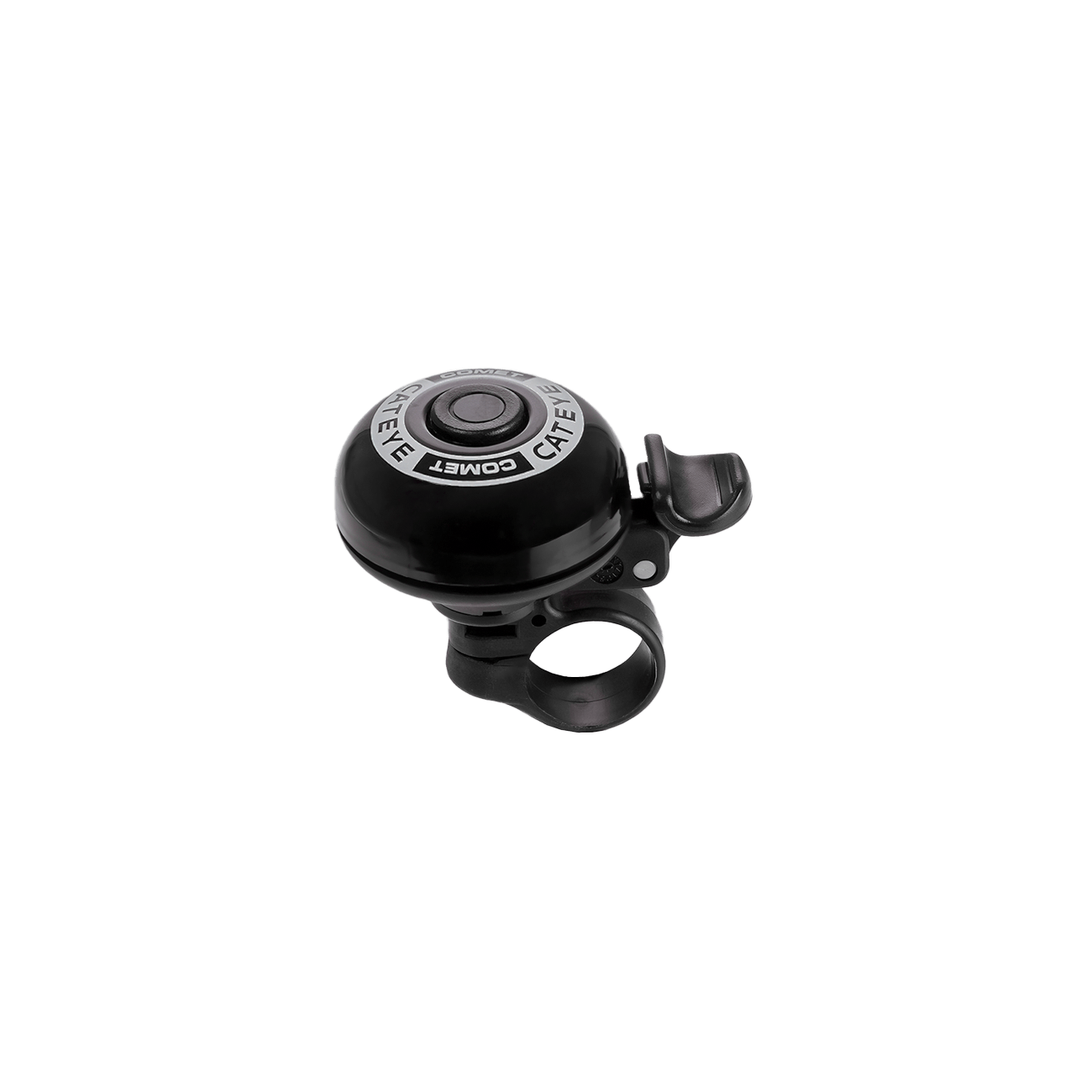A black aluminum PB-200 Comet Bell by CATEYE, featuring a thumb lever and adjustable for multiple handlebar sizes, isolated on a transparent background.