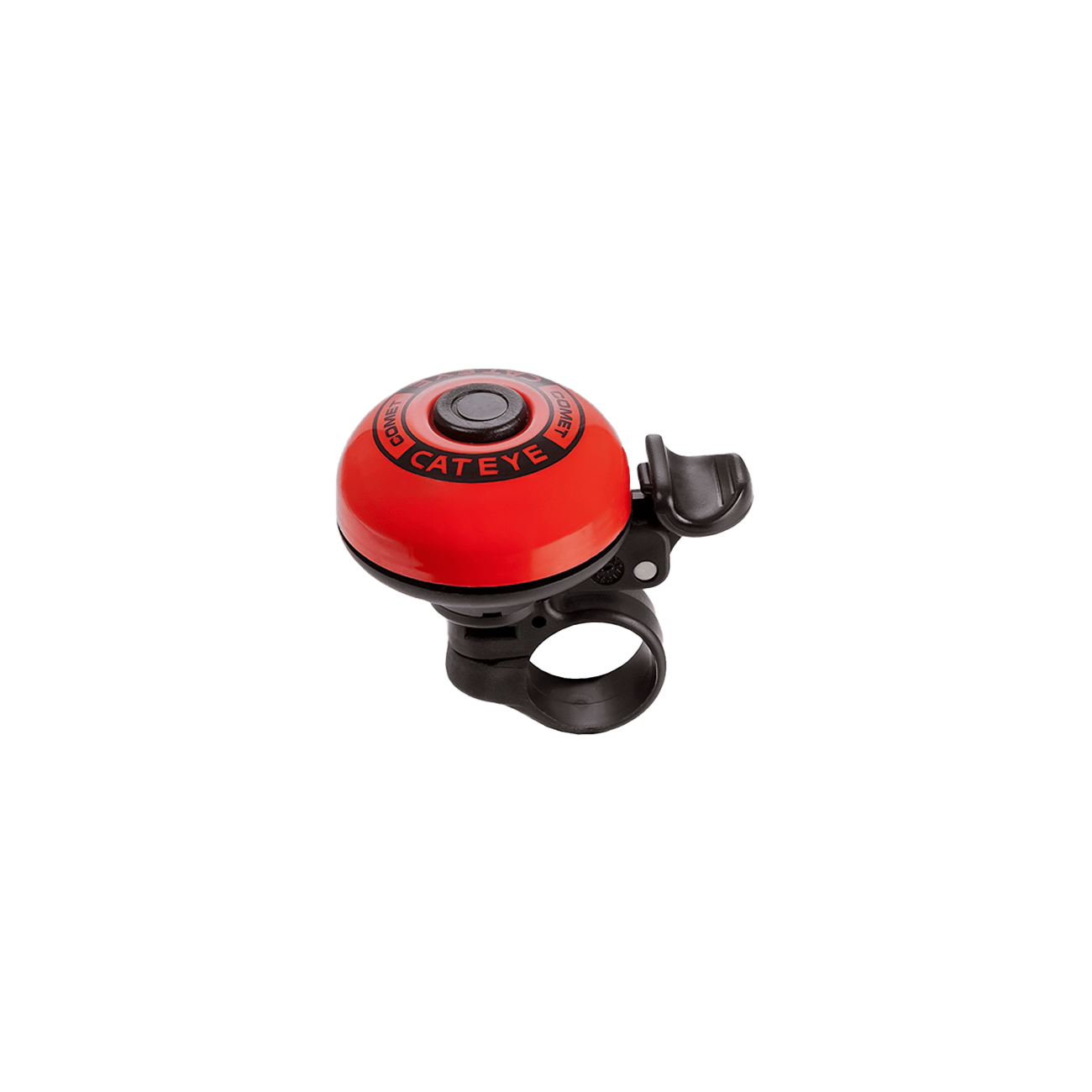 A CATEYE PB-200 Comet Bell in red and black with an aluminum body and mounting bracket, designed to fit various handlebar sizes, is displayed on a white background.