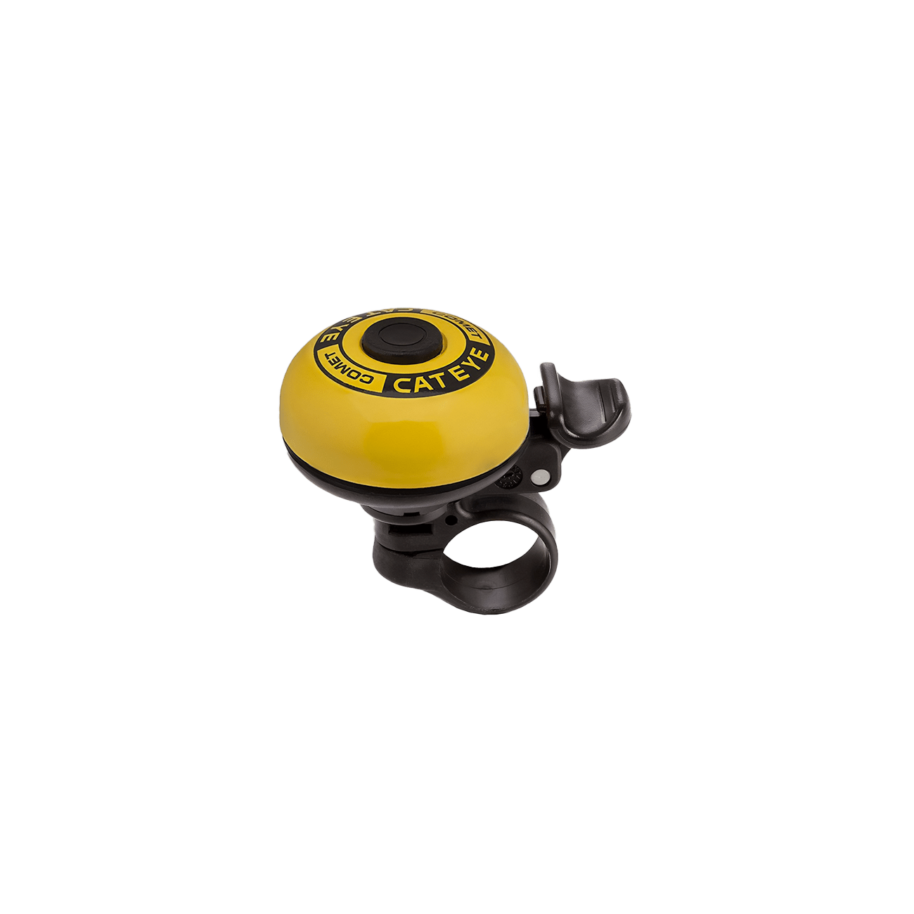 A yellow and black CATEYE PB-200 Comet Bell with a thumb lever and durable aluminum bell, mounted on a black handlebar clamp, is shown on a transparent background. Fits most handlebar sizes.