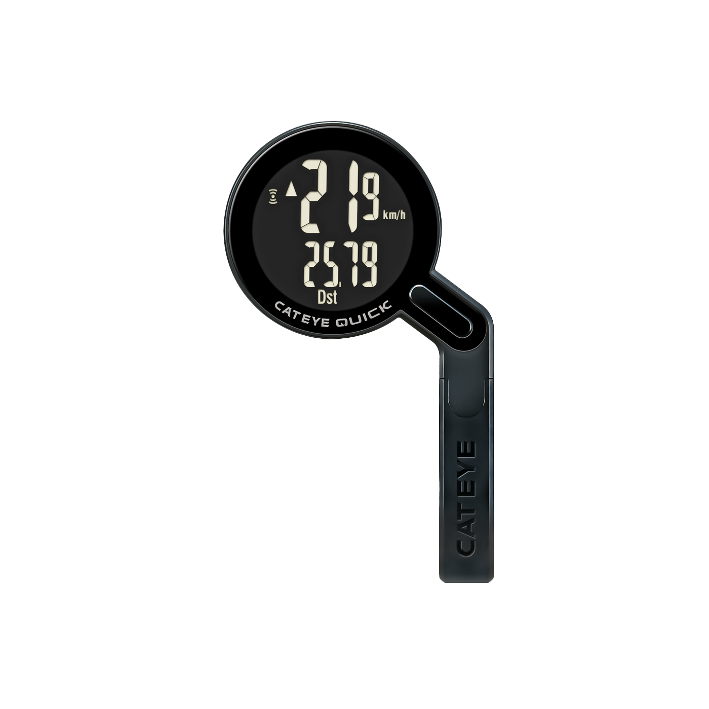A CATEYE Quick cyclocomputer with a round digital display shows speed in km/h and distance, features a programmable odometer, and is mounted on a slim black bracket.