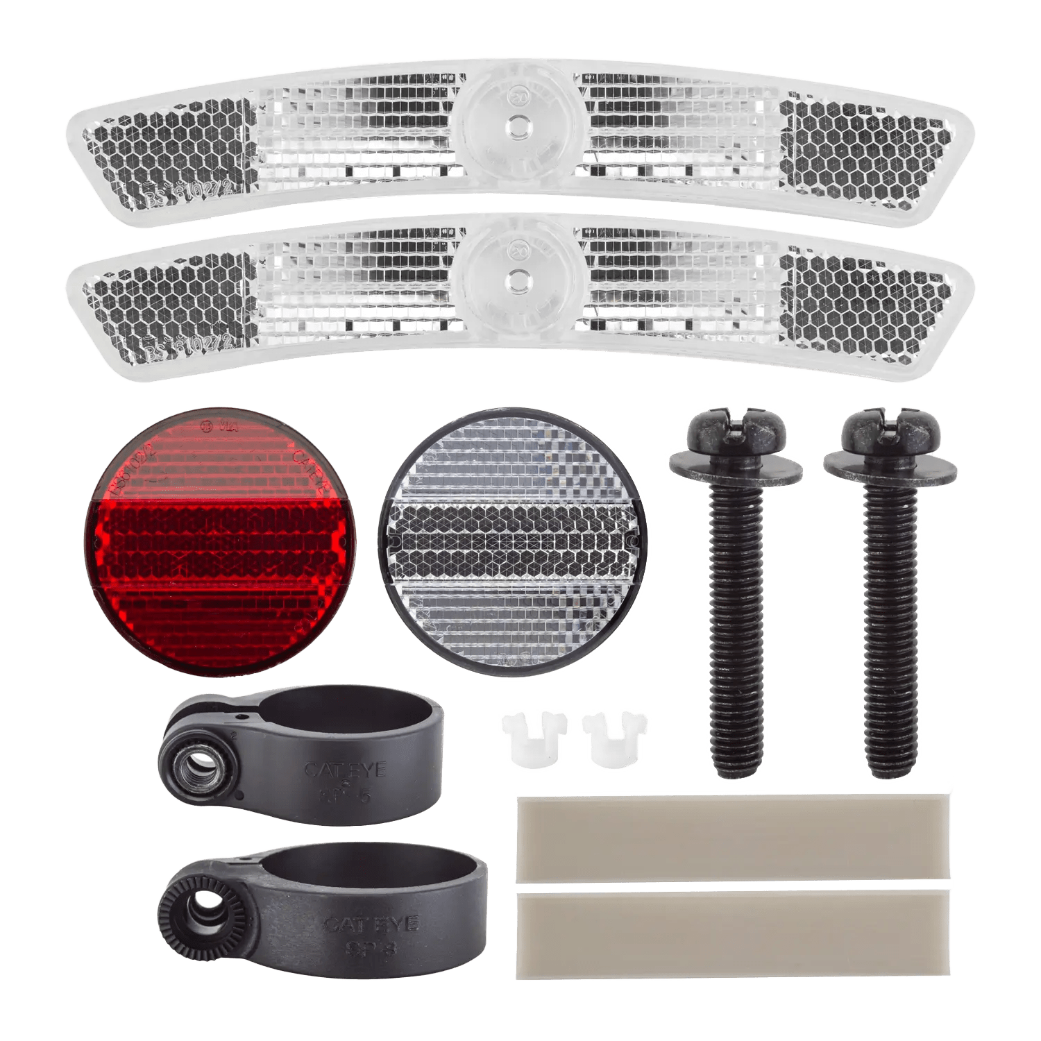 The CATEYE Reflector Kit RR-165-BP2W/RR-165-BPR/RR-550-WUW includes two white spoke reflectors, one red and one white round reflector, plus black clamps, bolts, clips, and beige strips for safer night riding. CPSC approved.