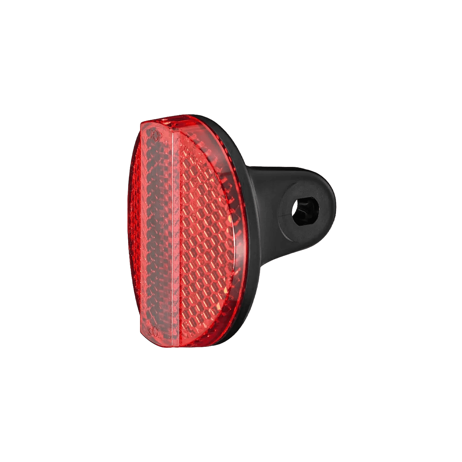 A CATEYE RR-165 Reflector in red, with a black mounting bracket, is pictured on a transparent background. This oval-shaped, CPSC approved reflector attaches to the rear of a bicycle to improve nighttime visibility.
