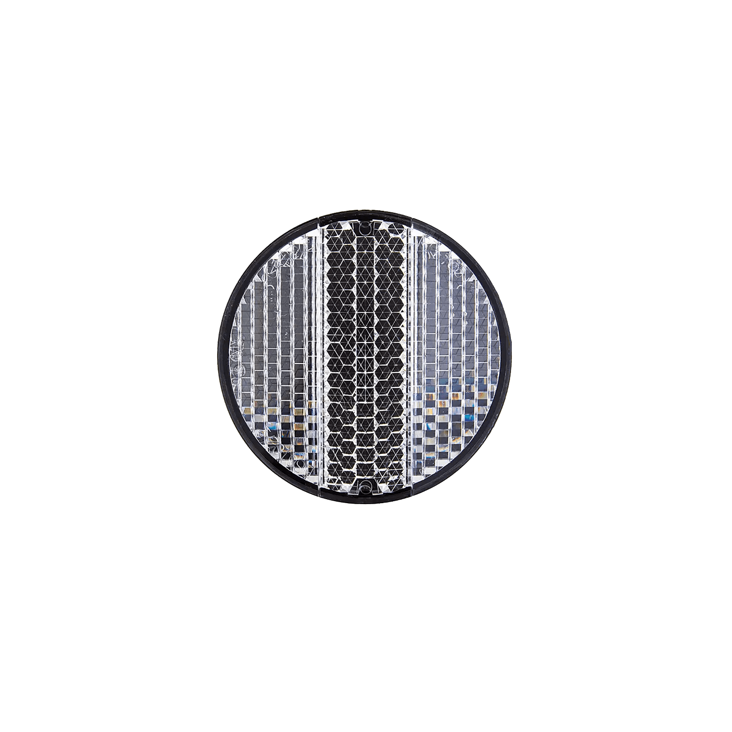 A round, reflective CATEYE RR-165 Reflector road marker with a textured surface and CPSC-approved lens is shown from above on a solid green background to enhance nighttime visibility.