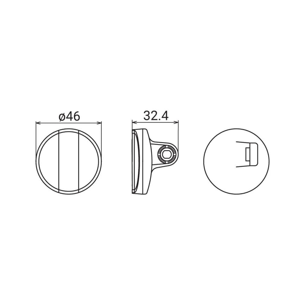 CATEYE RR-165 Reflector: circular, 46 mm diameter with side protrusion; 32.4 mm deep (side view). Front, side, and back views highlight its nighttime visibility features.