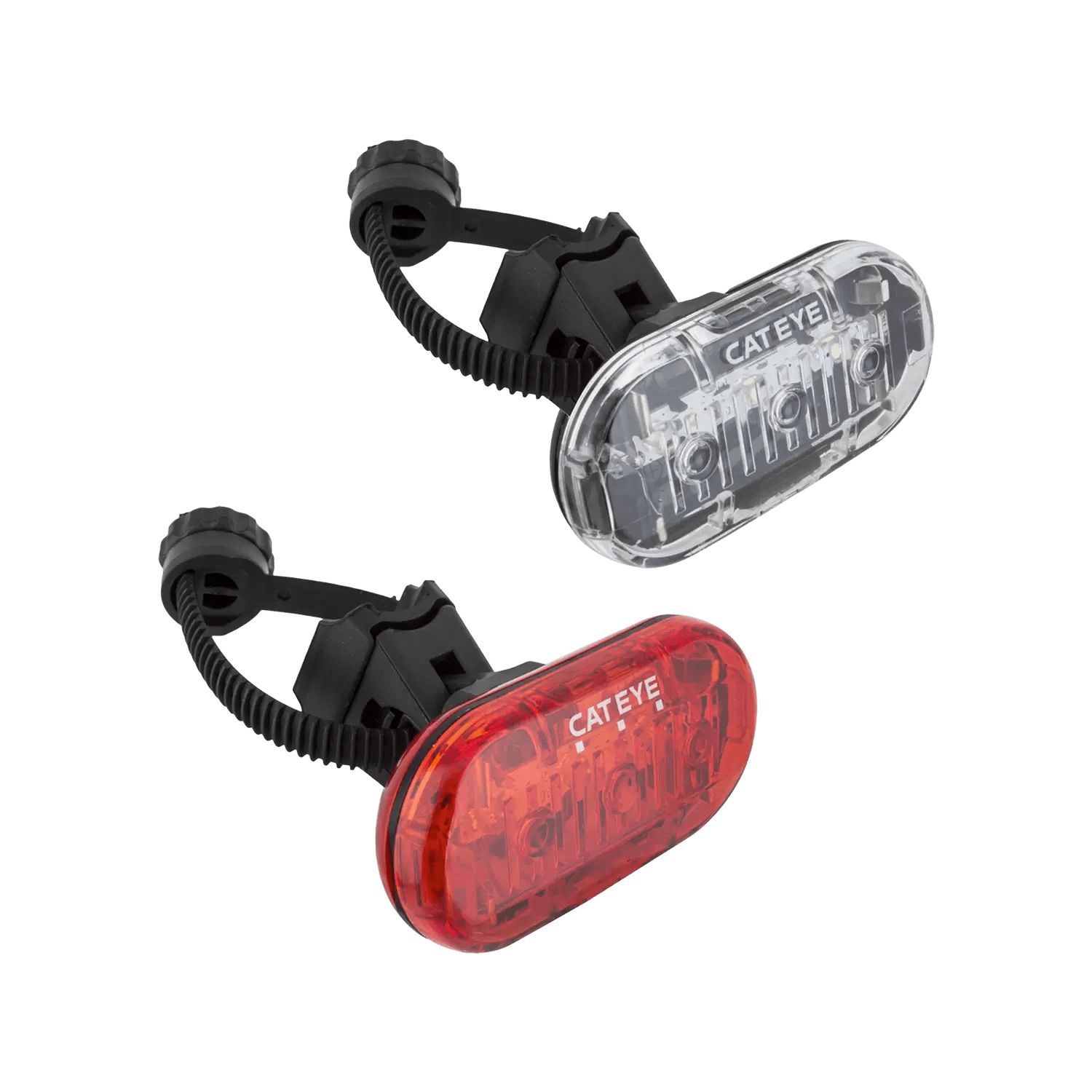 The CATEYE OMNI 3 cycling safety lights, with clear and red lenses and OptiCube™ lens technology, include mounting brackets to ensure 360-degree visibility against a plain background.