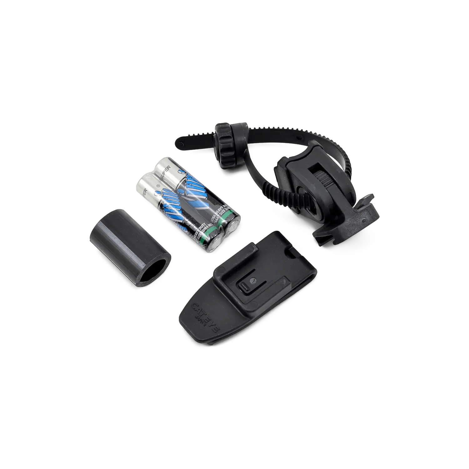 The CATEYE OMNI 3 cycling safety light set includes two AA batteries, a black mounting bracket with strap, clip-on holder, and a small cylindrical adapter for 360° visibility—shown on a white background.
