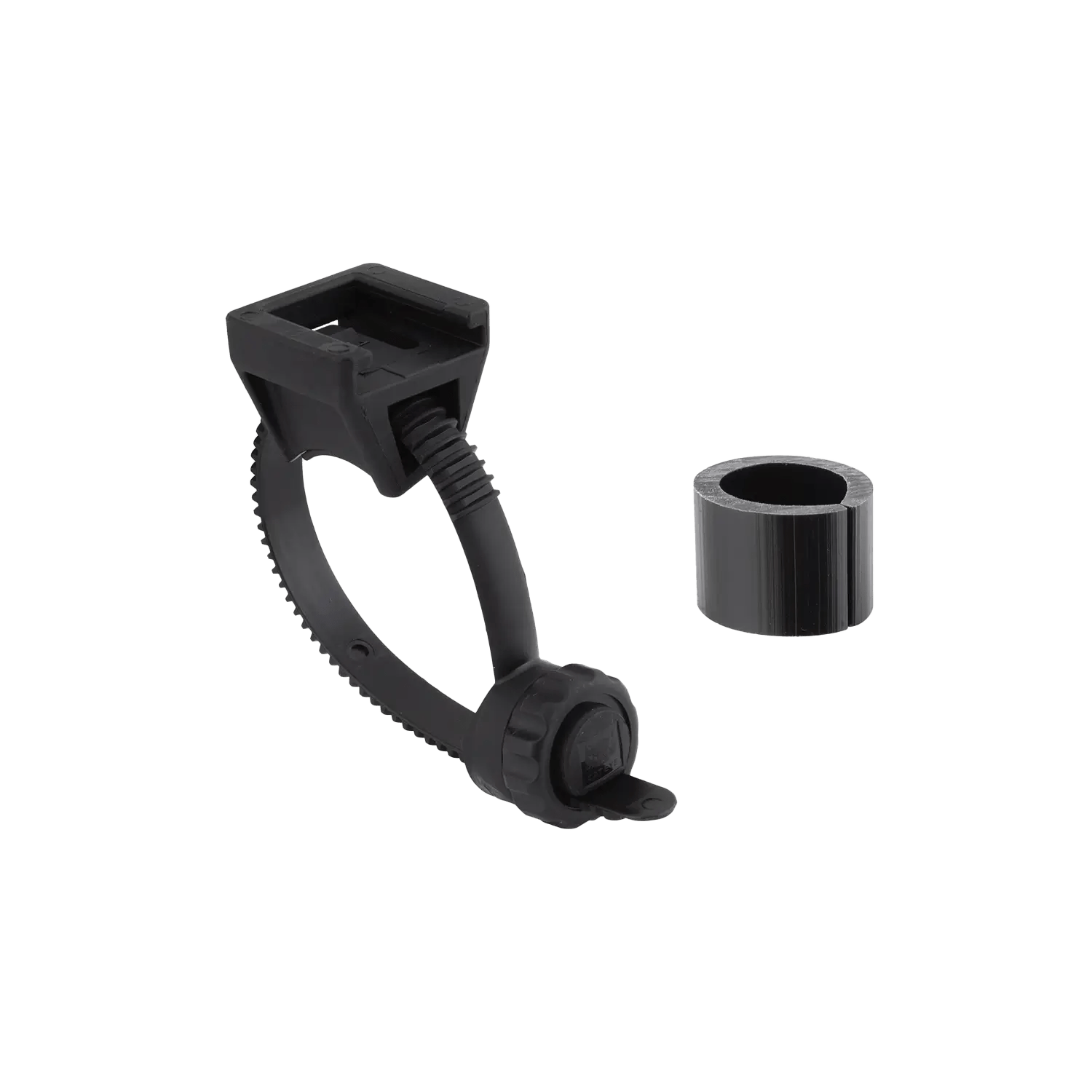 A black adjustable plastic mounting bracket and cylindrical ring from CATEYE for the OMNI 3, featuring a flexible strap for easy attachment of your cycling safety light with 360° visibility; both shown on a transparent background.