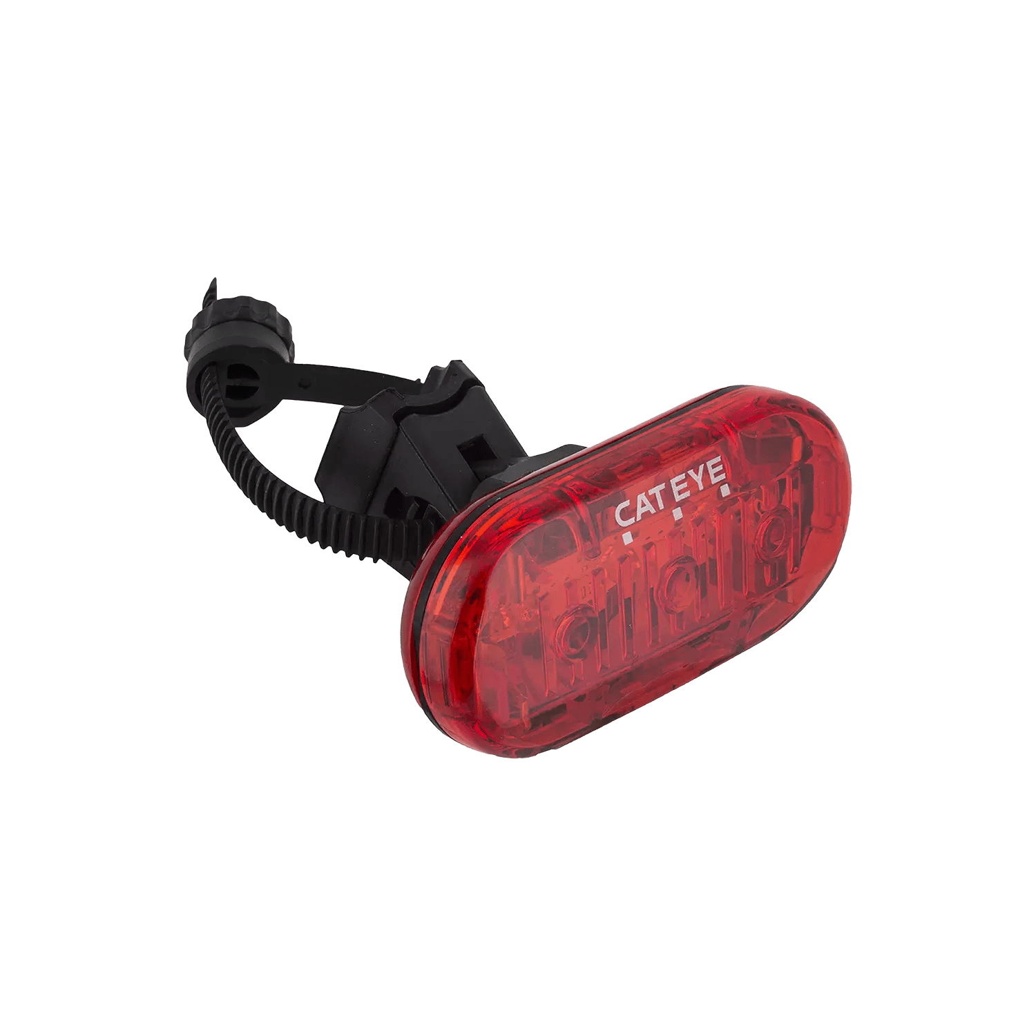 A CATEYE OMNI 3 red cycling safety light with OptiCube™ lens, black mounting bracket and strap, designed for 360° rear visibility, shown against a transparent background.