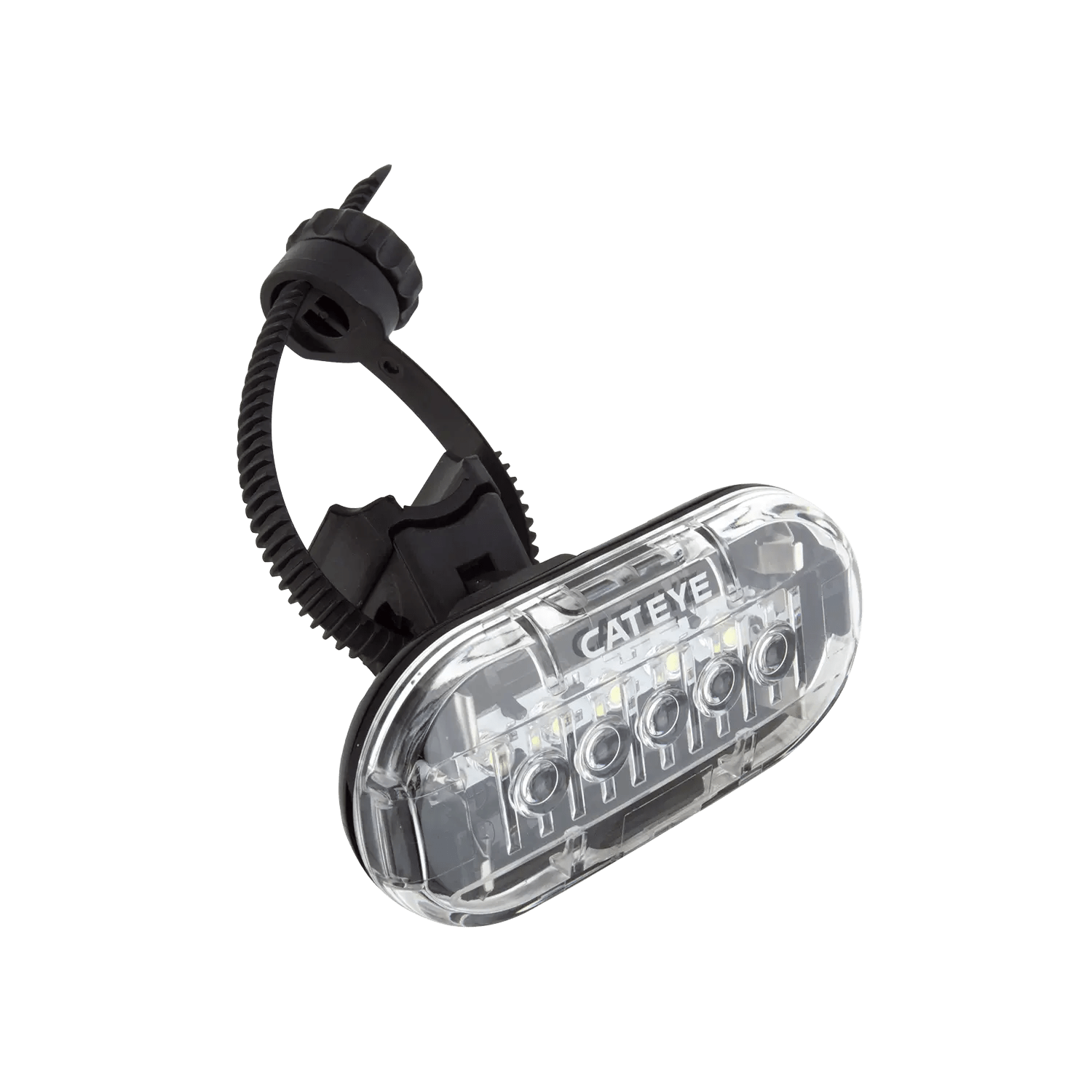 The CATEYE OMNI 5 rear light features five LEDs, OptiCube™ lens for 360° visibility, a transparent body, and a black adjustable strap for secure bike mounting.