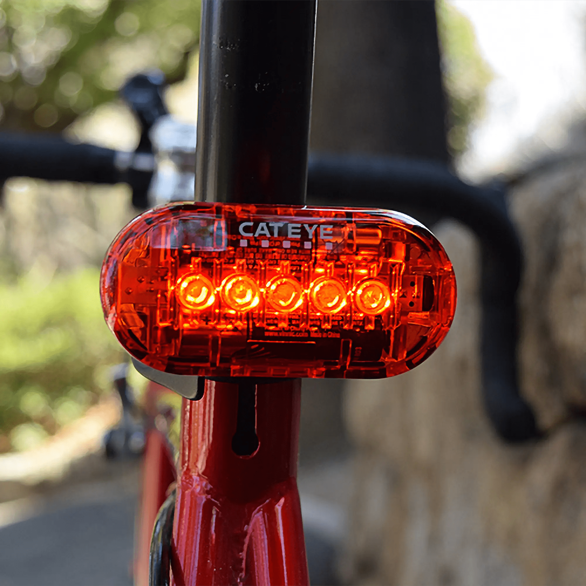 Close-up of a CATEYE OMNI 5 rear light with five bright LEDs and OptiCube™ lens, mounted on a red bike seat post for 360° visibility. The blurred background shows a road and stone wall.