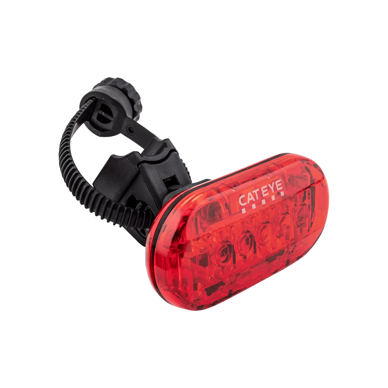 The CATEYE OMNI 5 rear light comes with a black mounting bracket and adjustable strap, offering 360° visibility with OptiCube™ lens technology and is easily attached to your bikes seat post.