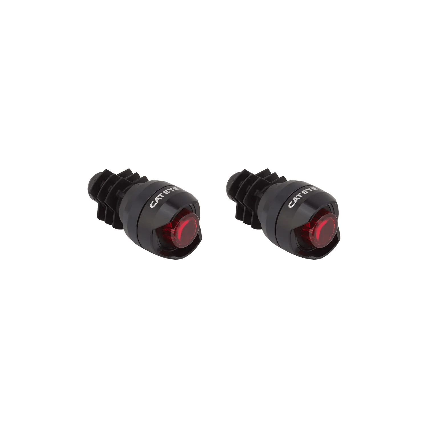 A pair of CATEYE ORB Bar End black cylindrical safety lights with red lenses, offering enhanced side visibility and multiple lighting modes, shown on a plain background.