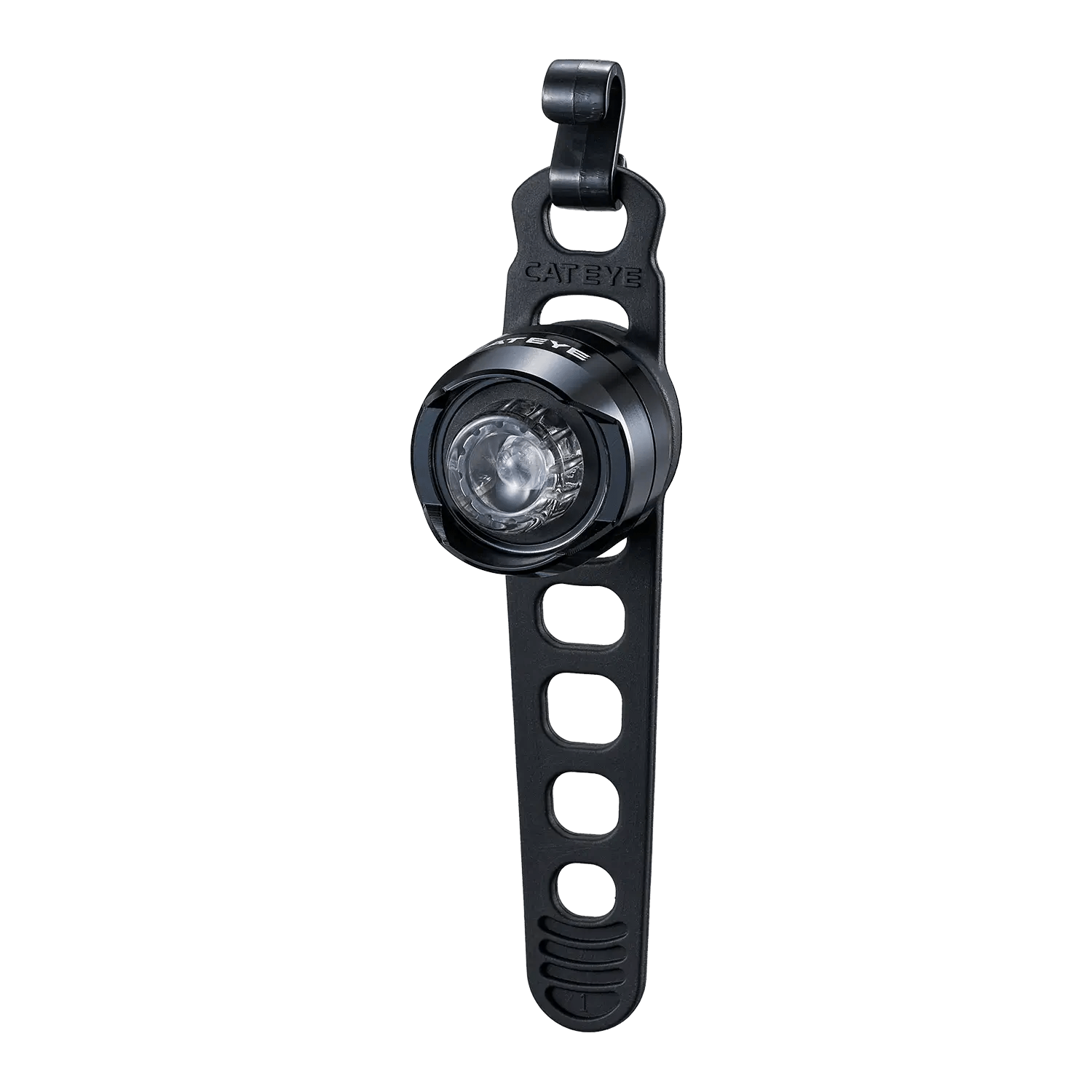 The CATEYE ORB is a compact black safety light with a round LED head and flexible rubber strap with multiple holes for easy attachment. It features versatile lighting modes to enhance visibility and has CATEYE branding at the top.