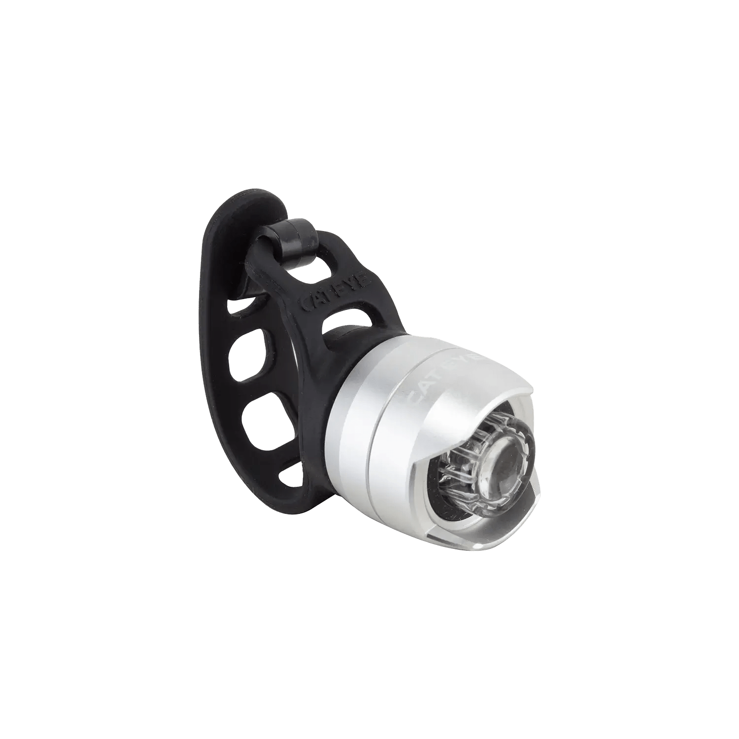 The CATEYE ORB is a compact silver bicycle headlight with a lightweight alloy chassis and black rubber mounting strap, shown against a transparent background.