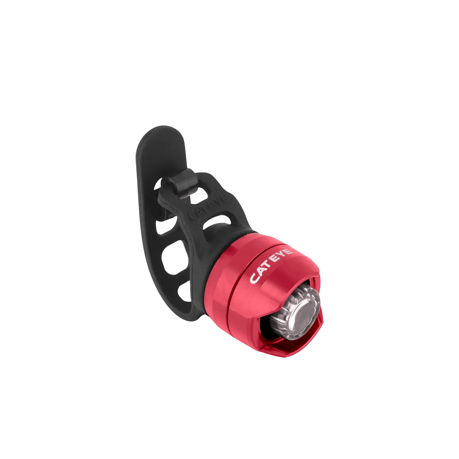 The CATEYE ORB is a compact red safety light with a lightweight alloy chassis and a black rubber mounting strap, offering multiple lighting modes, shown against a plain background.