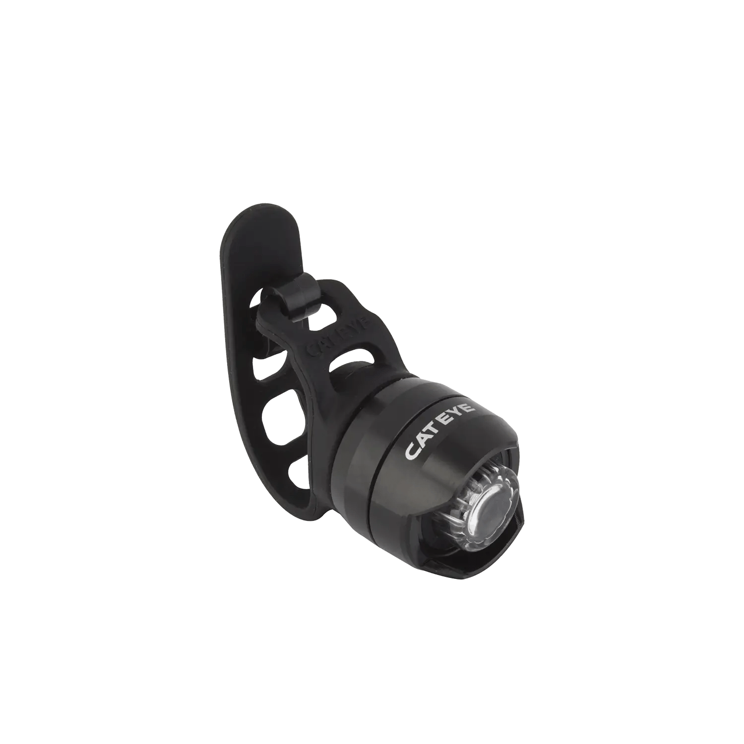 A compact black CATEYE ORB safety light with a round lens and flexible rubber mounting strap, shown angled to display the side and front. It features a lightweight alloy chassis and is set against a transparent background.