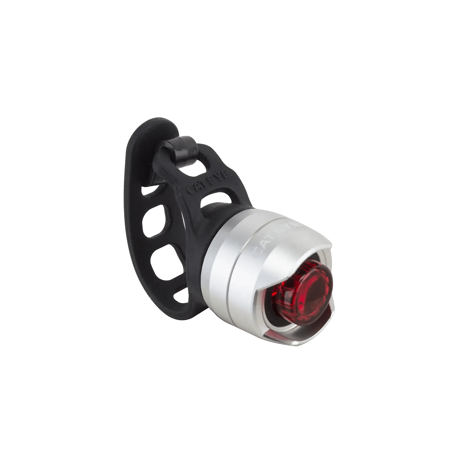 The CATEYE ORB is a compact safety light featuring a red lens and silver alloy body, secured with a black rubber strap for easy bike seat post attachment.