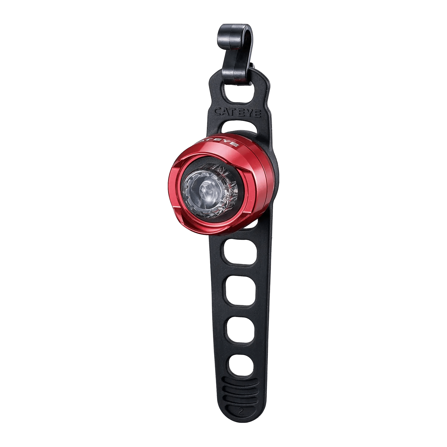 The CATEYE ORB is a red and black bicycle safety light with a round lens, lightweight alloy body, and an adjustable black silicone strap for flexible mounting.