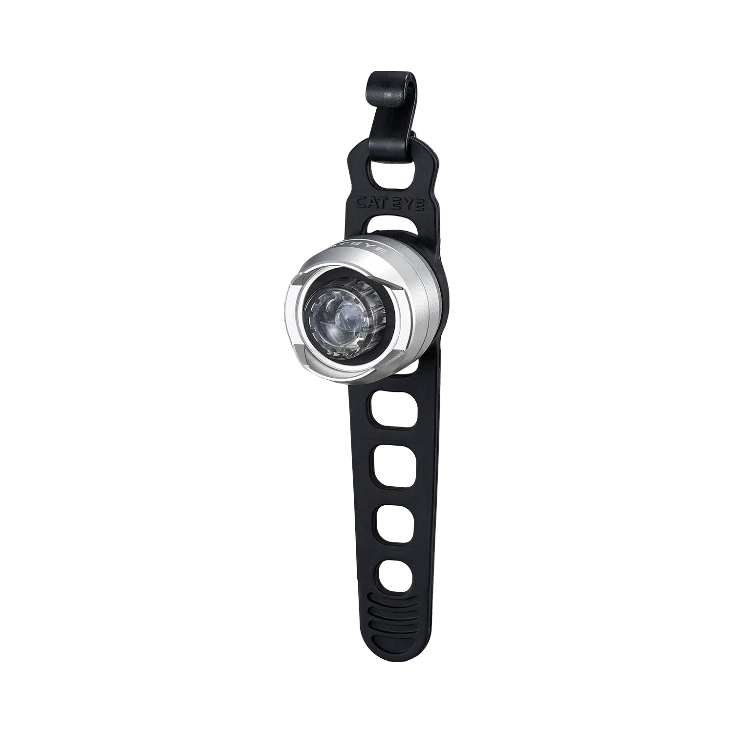 The CATEYE ORB is a compact bicycle safety light with a silver circular casing, clear lens, and lightweight alloy chassis. It mounts easily to your bike using a black flexible rubber strap with multiple holes for secure attachment.