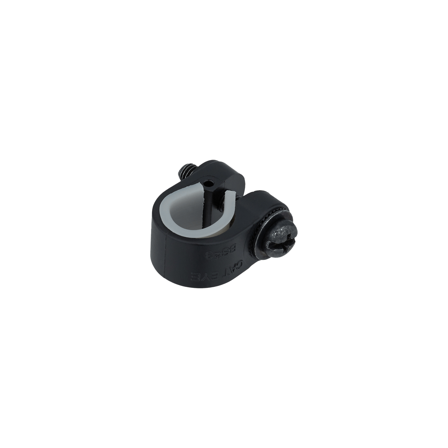 The CATEYE Safety Light & Reflector Clamps are black and silver metal clamps with screws, designed for securely attaching reflectors or safety lights, isolated on a transparent background.