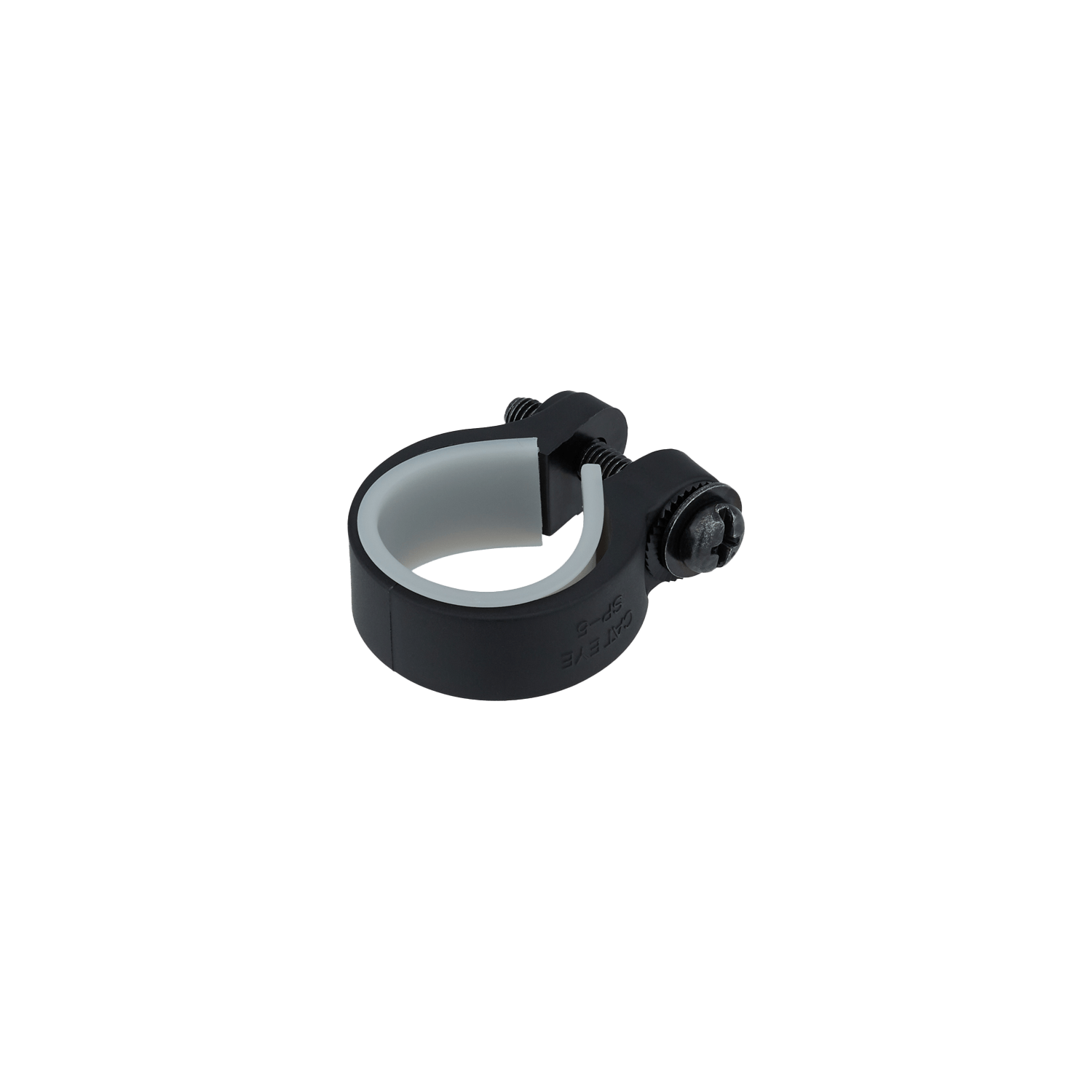 CATEYE Safety Light & Reflector Clamps feature a black single-bolt pipe design with a white inner lining for extra grip, ideal for securing accessories. Clamp is shown isolated on a transparent background.