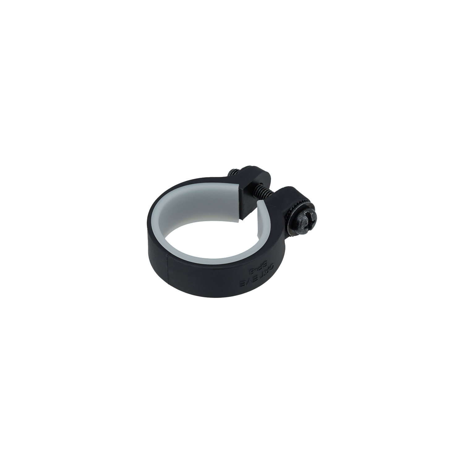A CATEYE Safety Light & Reflector Clamp is displayed against a plain green background. This black plastic, circular clamp features a screw-tightening mechanism, a white inner lining, and an open section for easy adjustment.