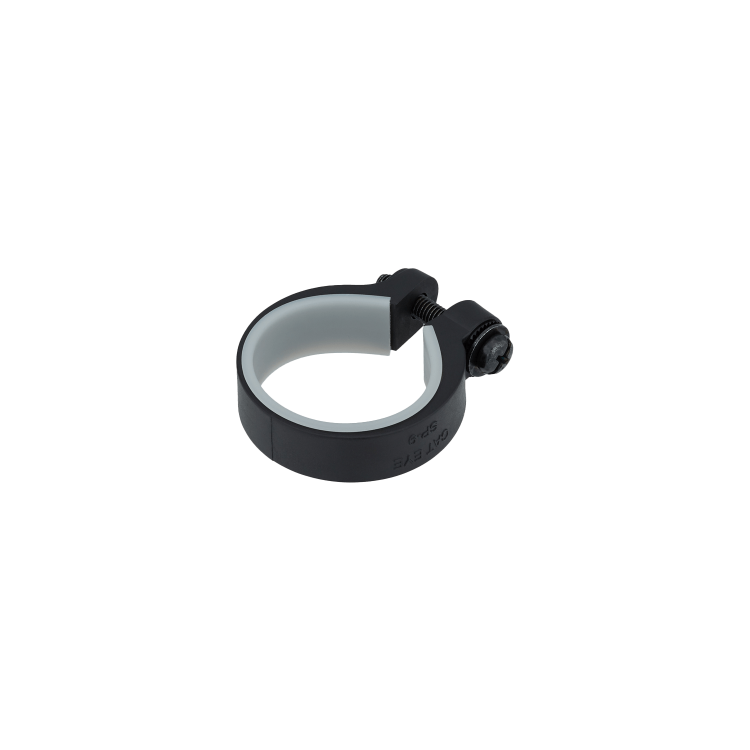 The CATEYE Safety Light & Reflector Clamp securely attaches pipes or tubing with a sturdy metal screw and nut. Ideal for safety applications, the black plastic clamp is shown isolated on a transparent background.