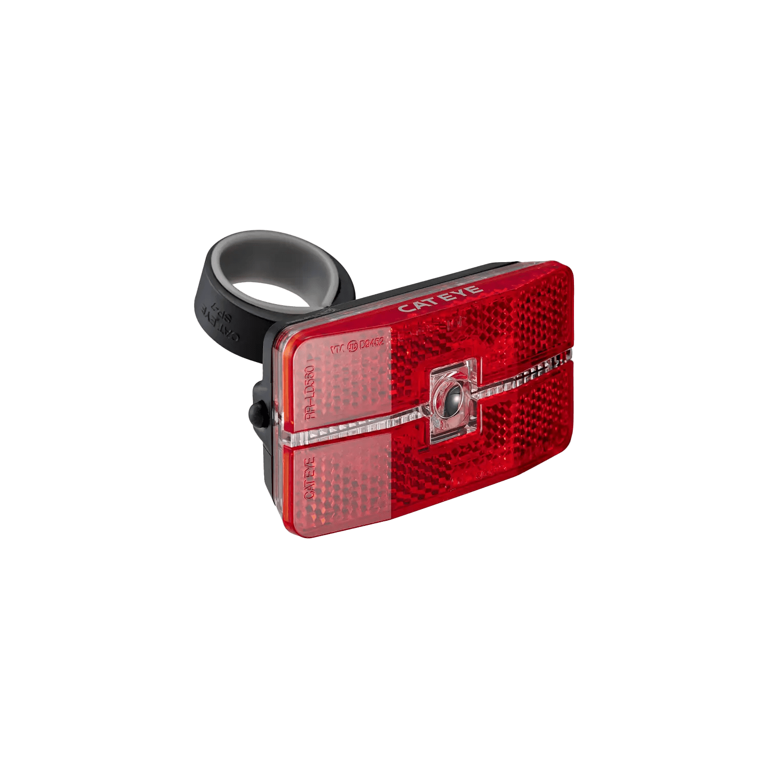 CATEYE Reflex Auto red rectangular LED tail light with black mounting strap, central OptiCube™ lens, reflector, and Cat Eye label. Transparent background.