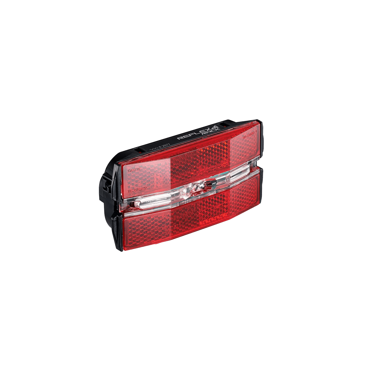 The CATEYE Reflex Rack is a rectangular red rear rack light with a clear center strip, black casing, and side reflectors for rider safety. It offers easy, tool-free battery replacement. Presented on a transparent background.