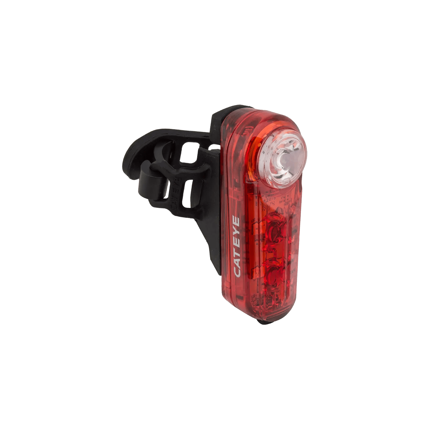 A CATEYE SYNC Kinetic red bicycle tail light with a black rubber mounting strap, offering 360-degree visibility and easy seat post attachment, displayed on a plain background.