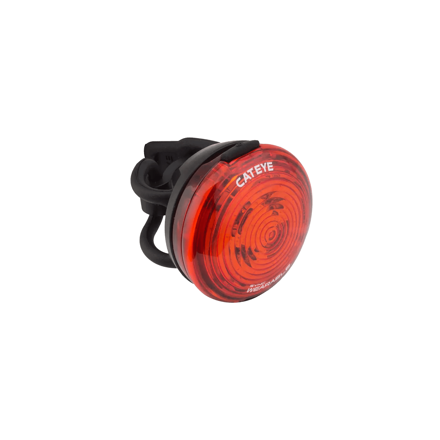 The CATEYE SYNC Wearable is a red bicycle tail light with a circular design and black mounting strap, offering 360-degree visibility, displayed on a transparent background.