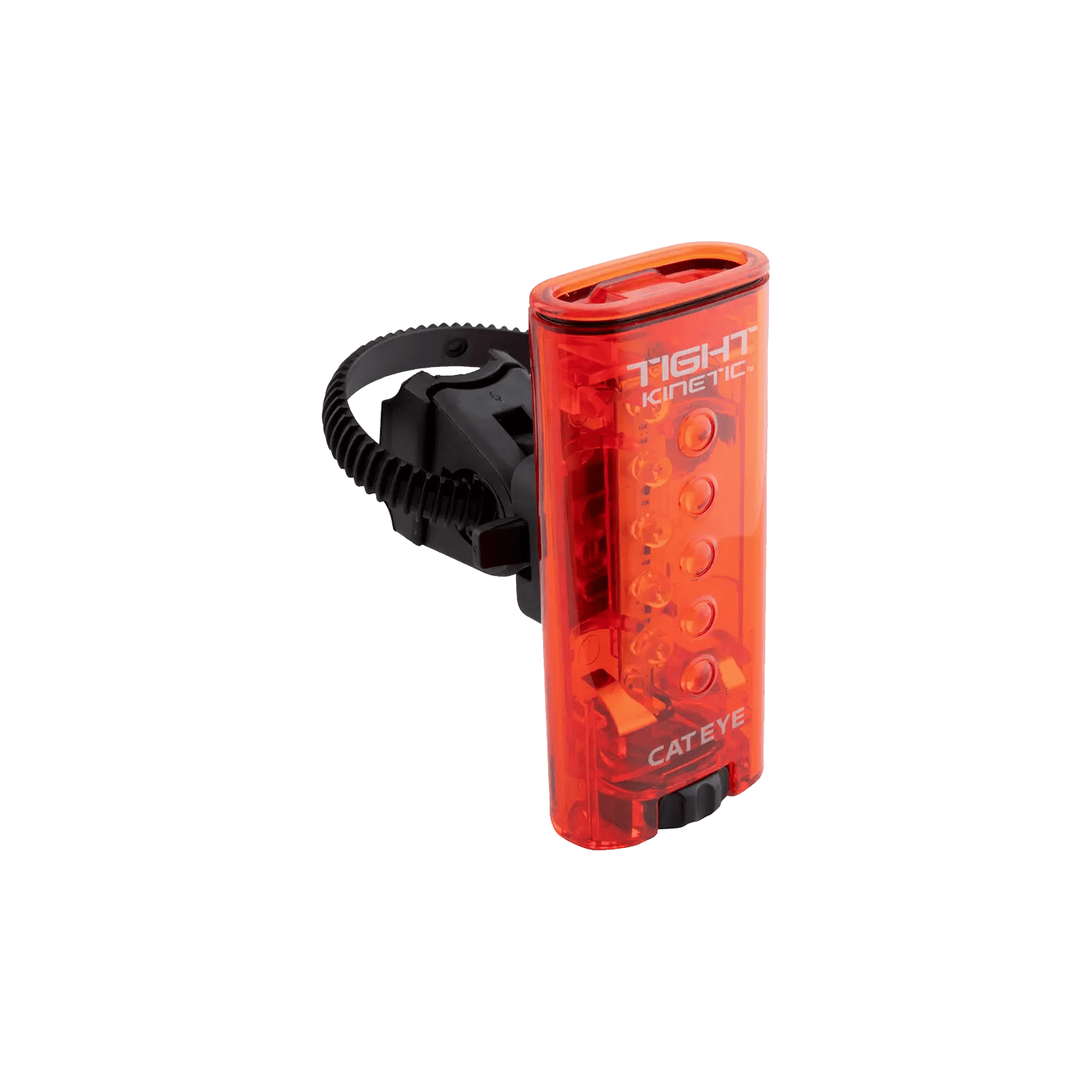 The CATEYE Tight Kinetic is a red rear bike light with an acceleration sensor and adjustable black seat post strap, featuring IPX7 waterproofing for reliable use in all weather.