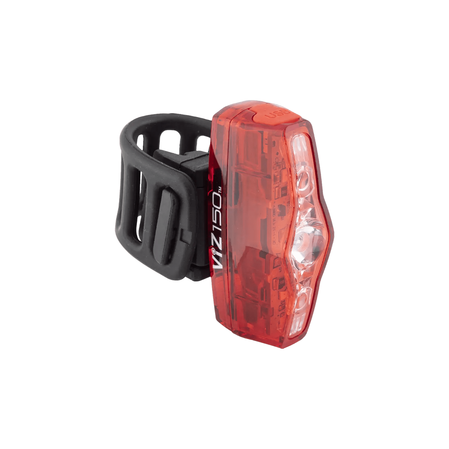 The CATEYE ViZ150 (USB-C) is a red LED bike light with a black adjustable rubber strap for easy seat post attachment. It features a transparent red casing, visible internal components, and OptiCube™ lens technology for enhanced visibility.