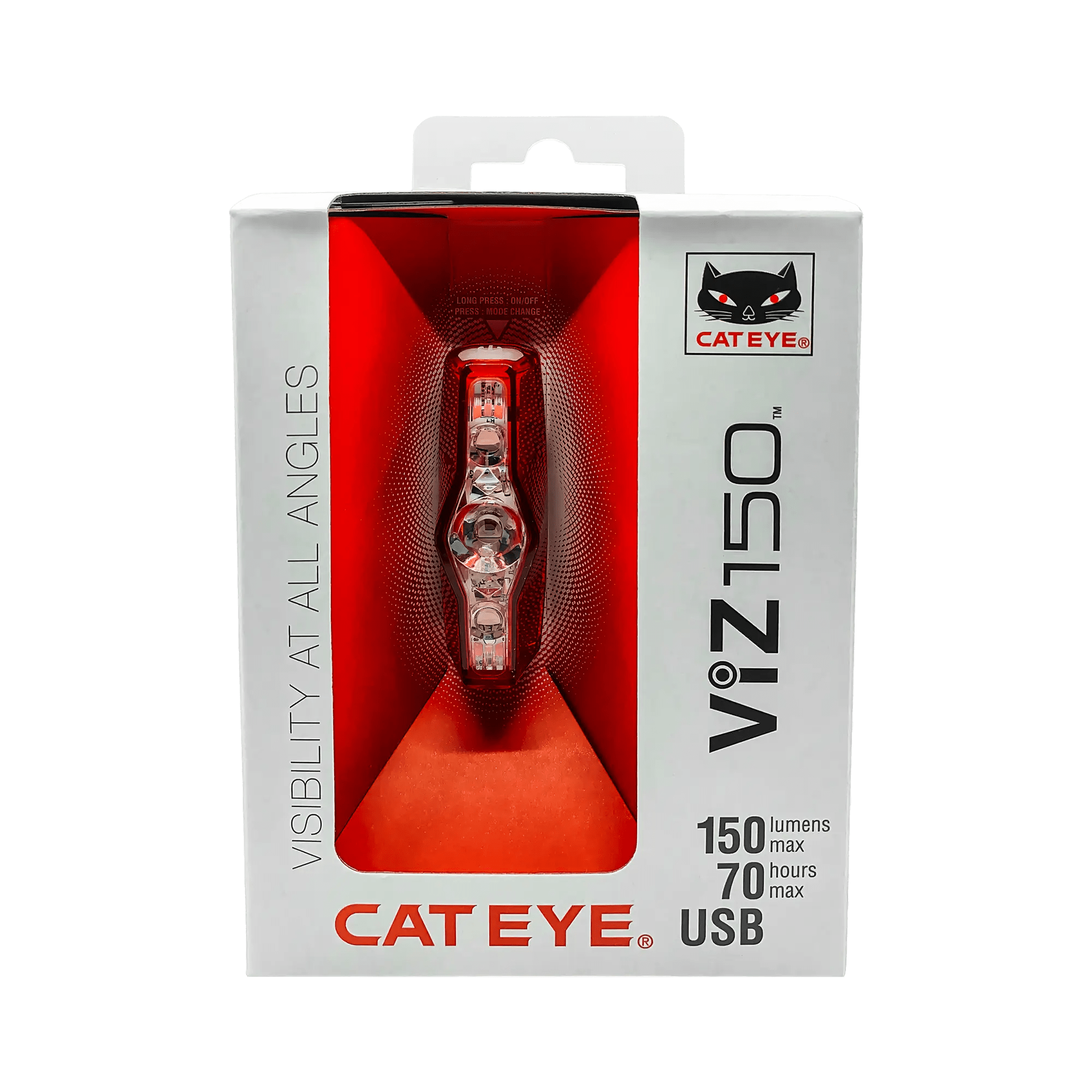 A CATEYE ViZ150 (USB-C) LED bike light in packaging with the light visible through a clear window. The box highlights 150 lumens, OptiCube™ lens technology, up to 70 hours runtime, and all-angle visibility.