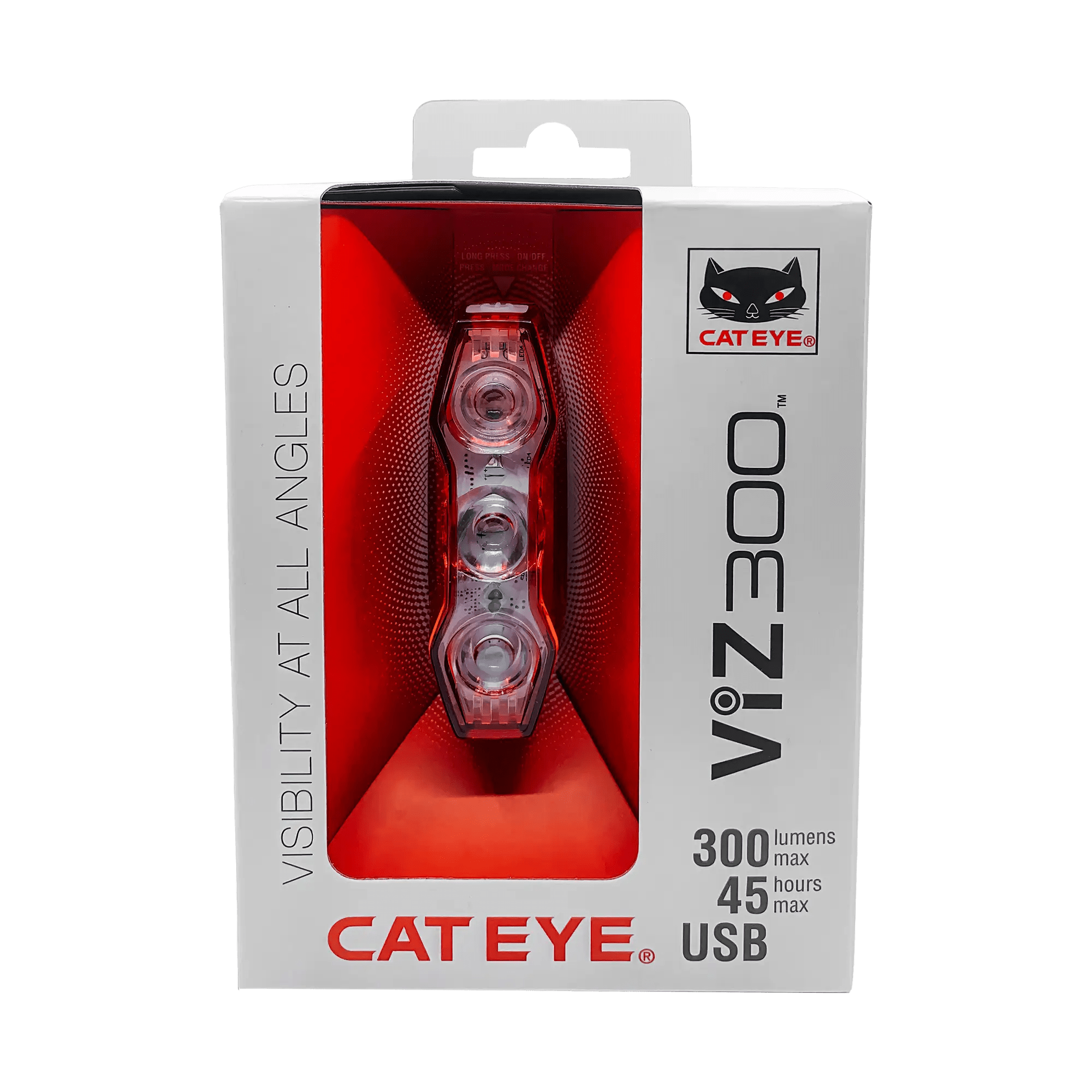 A CATEYE ViZ300 (USB-C) bike light in packaging displays three LEDs, 300 lumens, up to 45 hours runtime, USB-C charging, “visibility at all angles,” and Daytime Hyperflash™ mode for enhanced cycling safety.