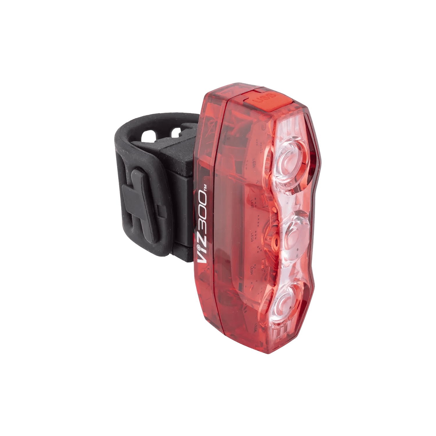The CATEYE ViZ300 (USB-C) is a red LED bike light with three circular lights, a black rubber mounting strap, Daytime Hyperflash™ mode, and WHEEL printed on the side.