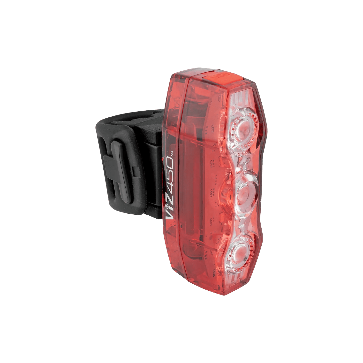 The CATEYE ViZ450 (USB-C) rear safety light features three LEDs, OptiCube™ lens technology, and a black adjustable mounting strap, displayed against a transparent background.