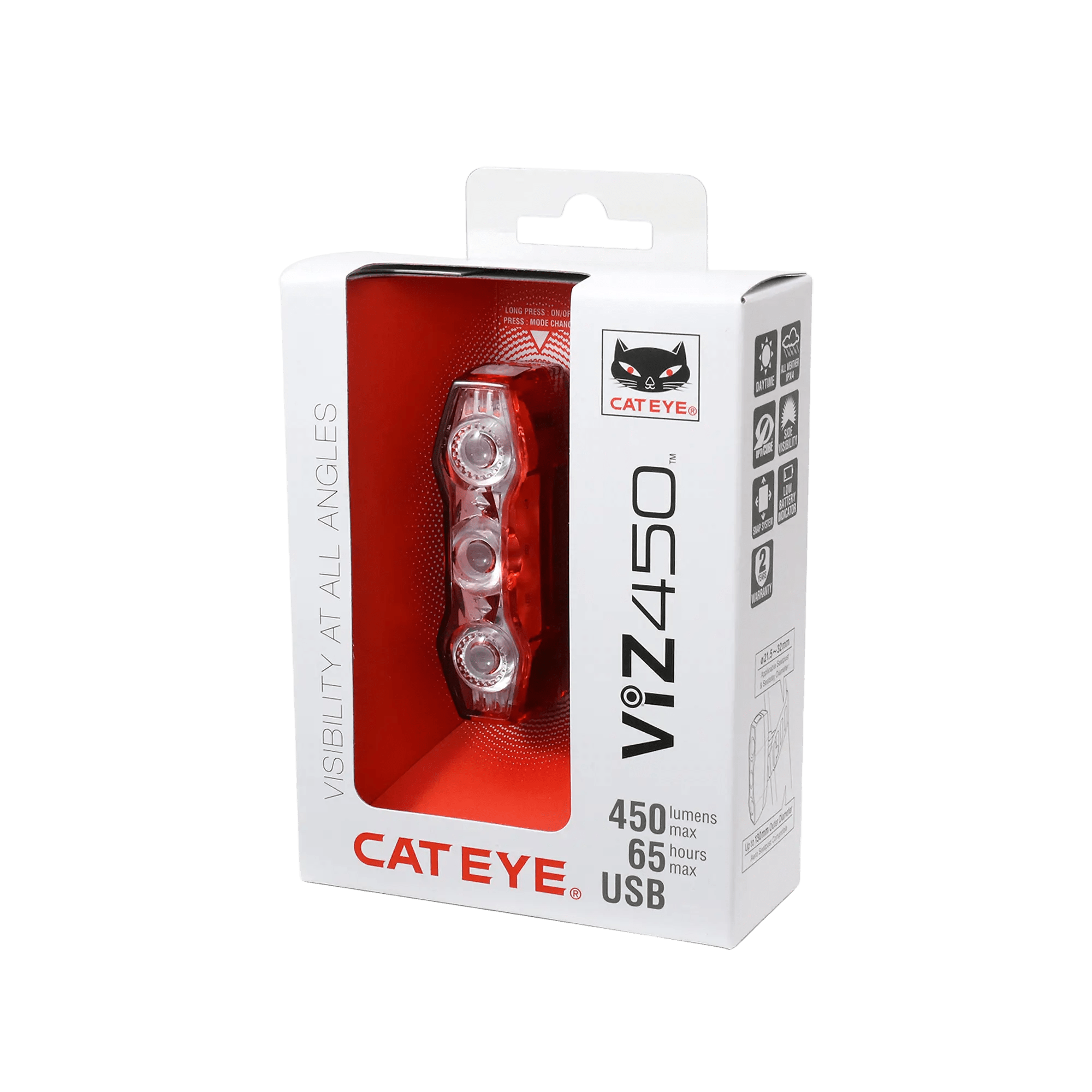 The CATEYE ViZ450 (USB-C) rear safety light comes in white and red packaging, featuring 450 lumens brightness, up to 65 hours runtime, and OptiCube™ lens technology for superior visibility.